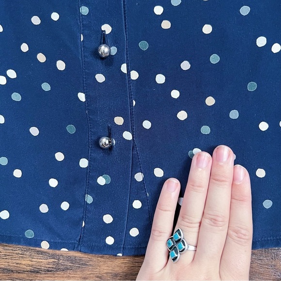 Kate Spade • Lynette Blouse silk polka dot navy blue ruffle collar bow tie neck - Picture 9 of 14